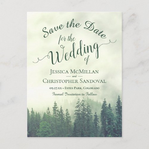Rustic Forest Green Pines Wedding Save the Date Announcement Postcard