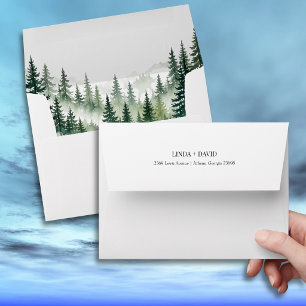 Rustic Forest Green Watercolor Pine Trees Wedding Envelope