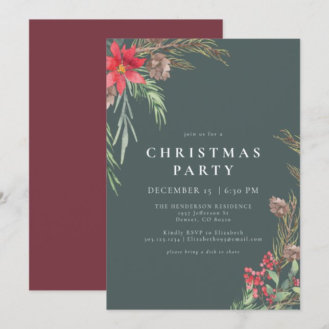 Rustic Forest Green Winter Floral Christmas Party Invitation (Front/Back)