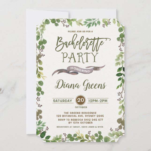 Rustic Forest Greenery Bachelorette Party Invite (Front)