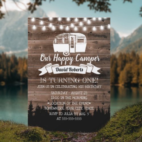 Rustic Forest Happy Camper 1st Birthday Party Invitation