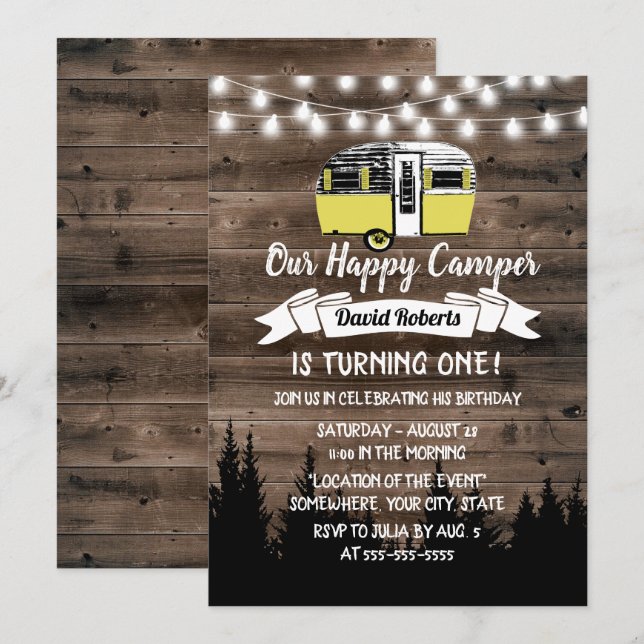 Rustic Forest Happy Camper Birthday Barn Wood Invitation (Front/Back)