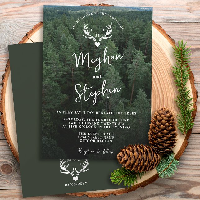 Rustic Forest Land With Deer Antlers Green Wedding Invitation (Creator Uploaded)