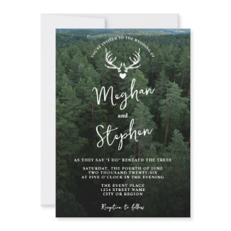 Rustic Forest Land With Deer Antlers Green Wedding Invitation