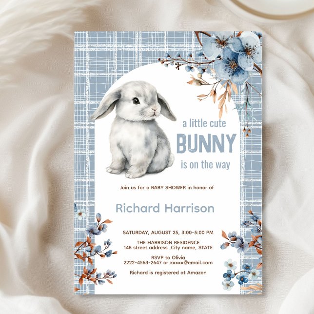 Rustic forest little bunny baby shower invitation (Cute Bunny Baby Shower Invitation Boy | Blue Floral Spring Rabbit Theme)