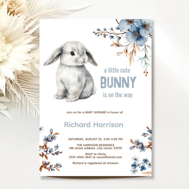 Rustic forest little bunny baby shower invitation (Cute Bunny Baby Shower Invitation Boy | Blue Floral Spring Rabbit Theme)