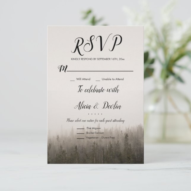 Rustic Forest Misty Mysterious Landscape Rsvp Card (Standing Front)