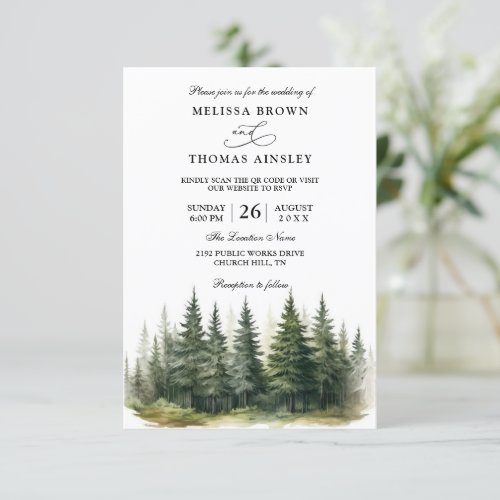 Rustic Forest Mountain Budget QR Code Wedding Invitation