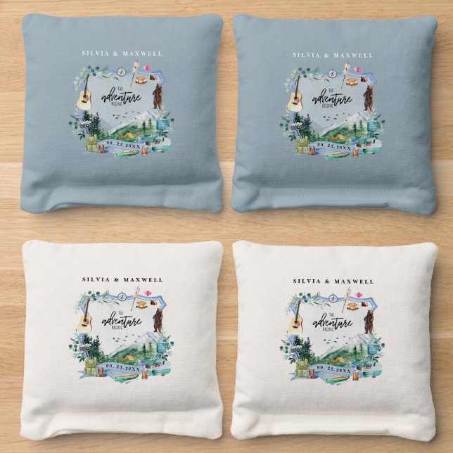 Rustic Forest Mountain | Camping Wedding Crest Cornhole Bags (Wood)