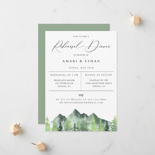 Rustic Forest Mountain Rehearsal Dinner Announcement (Front/Back In Situ)