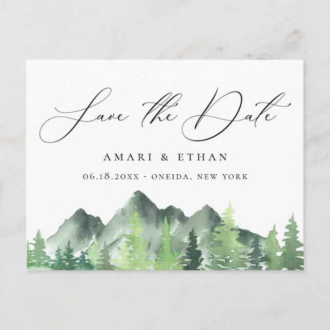 Rustic Forest Mountain Wedding Save the Date Announcement Postcard (Front)