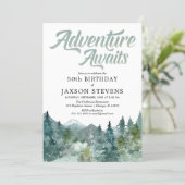 Rustic forest mountains adventure awaits birthday invitation (Standing Front)