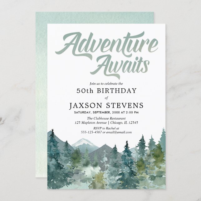 Rustic forest mountains adventure awaits birthday invitation (Front/Back)