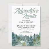 Rustic forest mountains adventure awaits birthday invitation (Front)