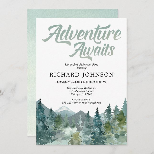Rustic forest mountains retirement party invitation (Front/Back)