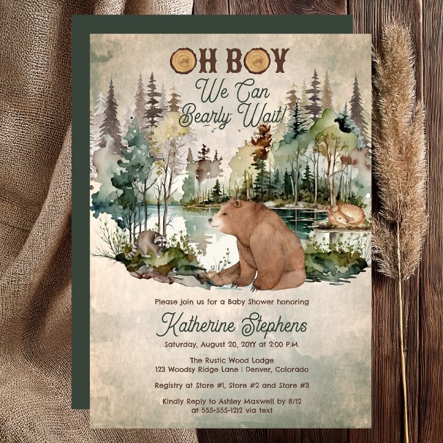 Rustic Forest Oh Boy Bearly Wait Baby Shower Invitation ("Oh Boy We Can Bearly Wait!" Rustic Woodland Bear Forest Animals Baby Shower Invitation - Print Digi)
