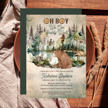 Rustic Forest Oh Boy Bearly Wait Baby Shower Invitation by holidayhearts at Zazzle