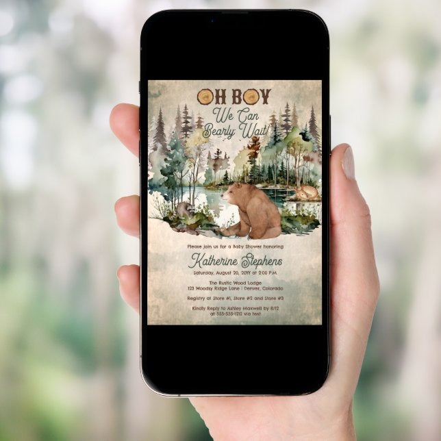 Rustic Forest Oh Boy Bearly Wait Baby Shower Invitation (Front Digital)