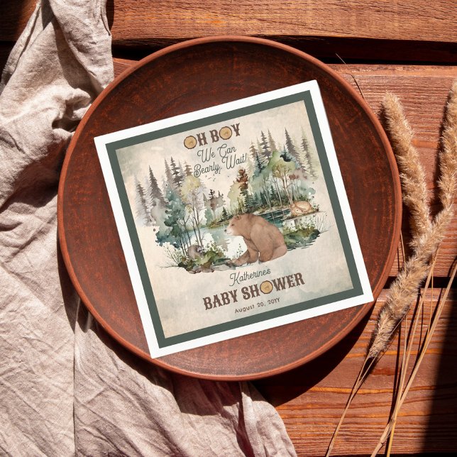 Rustic Forest Oh Boy Bearly Wait Baby Shower Napkins ("Oh Boy We Can Bearly Wait!" Rustic Woodland Bear and Forest Animals Baby Shower Paper Napkins)
