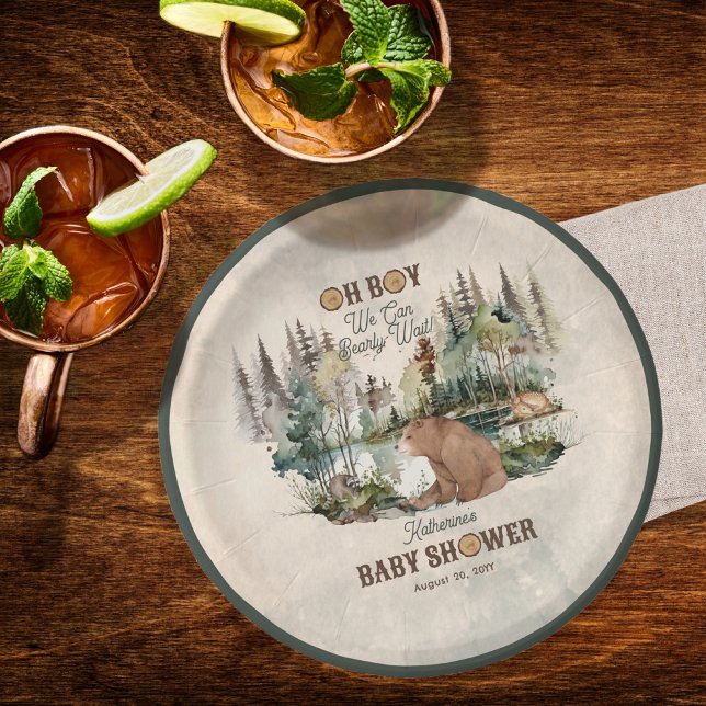 Rustic Forest Oh Boy Bearly Wait Baby Shower  Paper Plates ("Oh Boy We Can Bearly Wait!" Rustic Woodland Bear and Forest Animals Baby Shower Paper Plates)