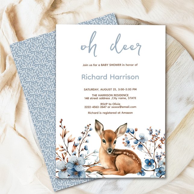 Rustic forest Oh deer cute baby shower invitation (Oh deer rustic blue florals with cute forest deer baby shower invitation, gender neutral, woodland )