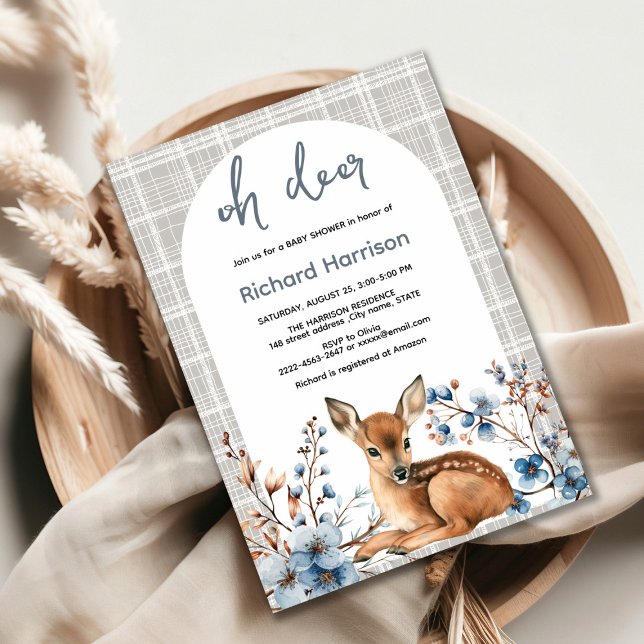 Rustic forest Oh deer cute baby shower invitation (Oh deer rustic blue florals with cute forest deer baby shower invitation, gender neutral, woodland )