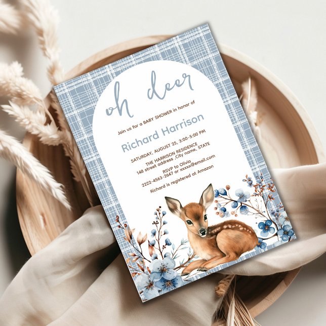 Rustic forest Oh deer cute baby shower invitation (Oh deer rustic blue florals with cute forest deer baby shower invitation, gender neutral, woodland )