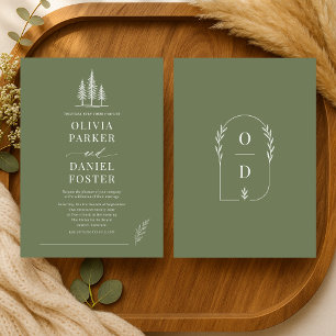 Rustic Forest Olive Green Line Art Wedding Invitation