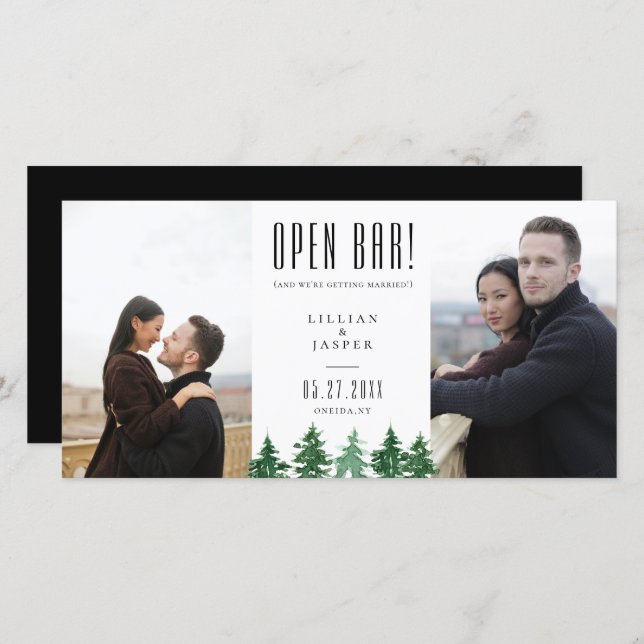 Rustic Forest OPEN BAR Save the Date Humor Announcement (Front/Back)