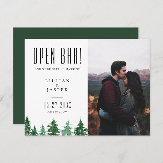 Rustic Forest OPEN BAR Save the Date Humor Announcement (Front/Back)