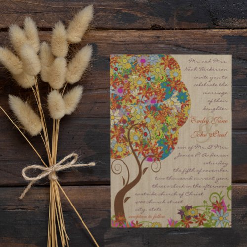 Rustic Forest Patchwork Floral Colorful Tree Invitation