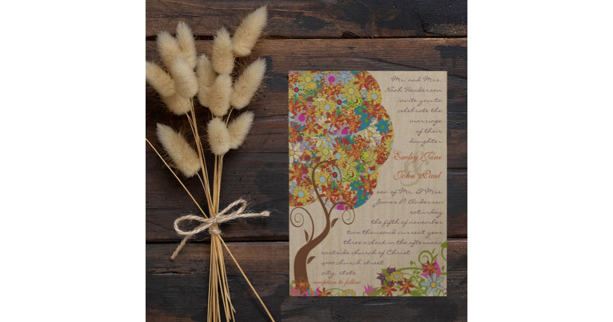 Tree Path Invitation Rustic Forest Patchwork Floral Colorful Tree Invitation | Zazzle