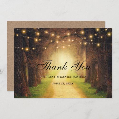 Rustic Forest Path String Lights Kraft Wedding Thank You Card