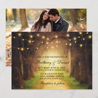 Rustic Forest Path String Lights Photo Wedding Invitation