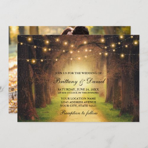 Rustic Forest Path String Lights Photo Wedding Invitation