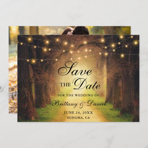 Rustic Forest Path String Lights Photo Wedding Save The Date