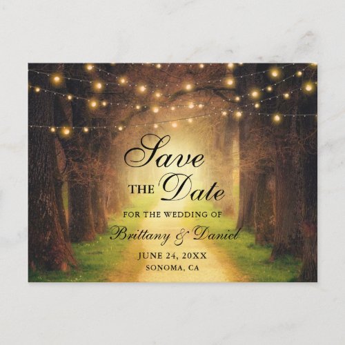 Rustic Forest Path String Lights Save the Date Announcement Postcard