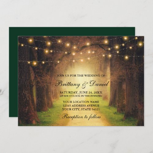 Rustic Forest Path String Lights Wedding Green Invitation