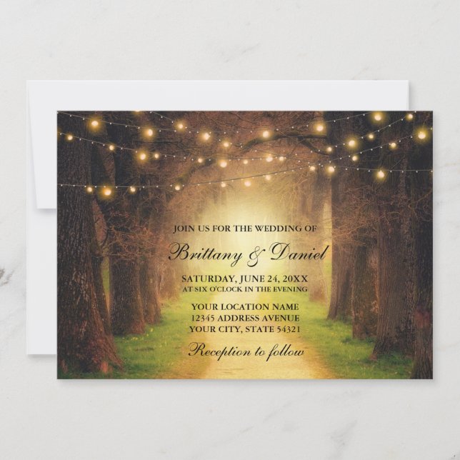 Rustic Forest Path String Lights Wedding Invitation (Front)