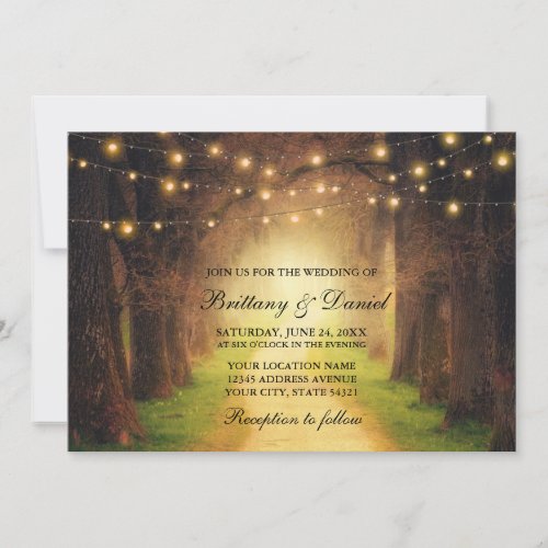 Rustic Forest Path String Lights Wedding Invitation