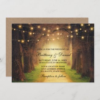 Rustic Forest Path String Lights Wedding Kraft Invitation