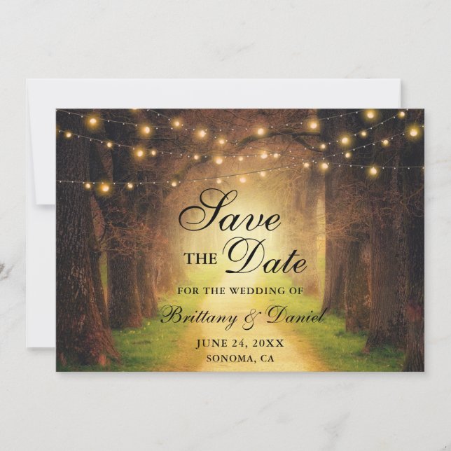 Rustic Forest Path String Lights Wedding Save The Date (Front)