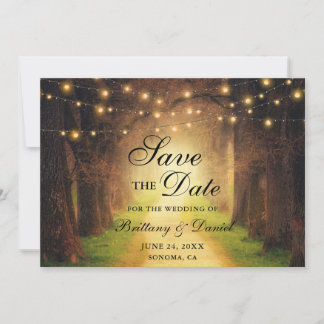 Rustic Forest Path String Lights Wedding Save The Date