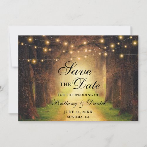 Rustic Forest Path String Lights Wedding Save The Date