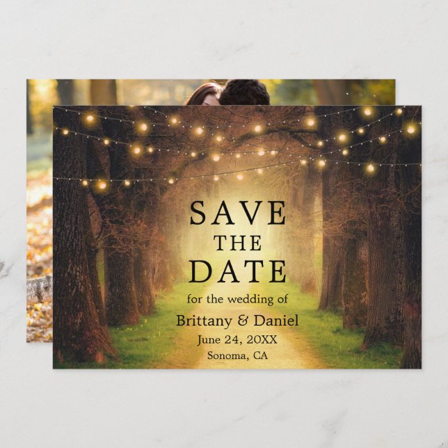 Rustic Forest Path Wedding String Lights Photo Save The Date (Front/Back)