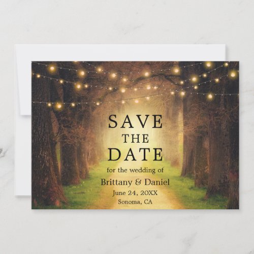 Rustic Forest Path Wedding String Lights Save The Date