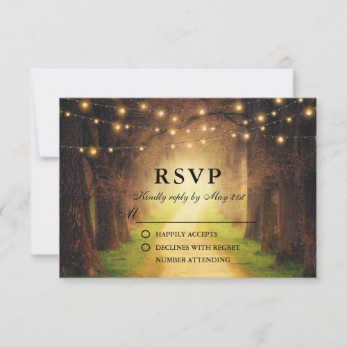 Rustic Forest Path with String Lights Wedding RSVP Card