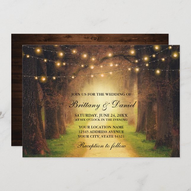 Rustic Forest Path Wood String Lights Wedding Invitation (Front/Back)