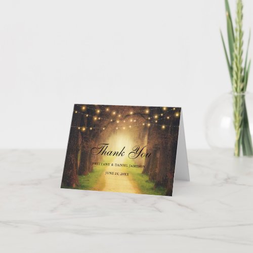 Rustic Forest Path Wood String Lights Wedding Note Thank You Card