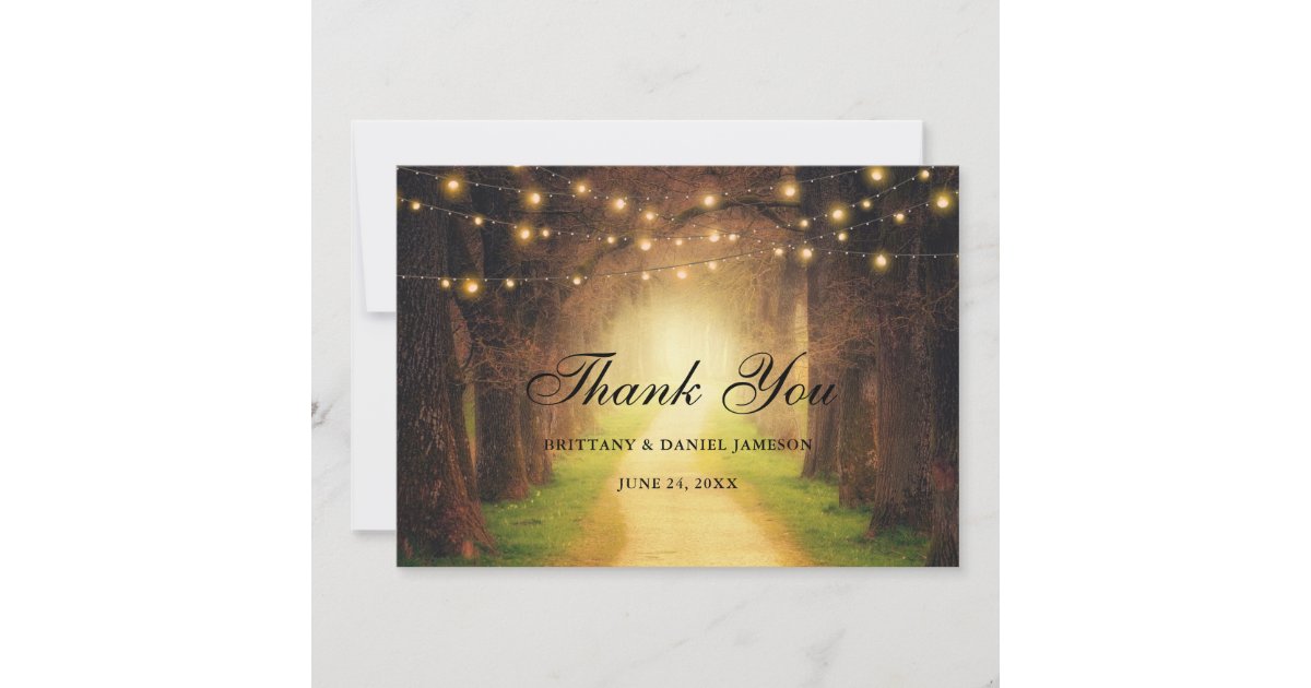 Rustic Forest Path Wood String Lights Wedding Thank You Card | Zazzle